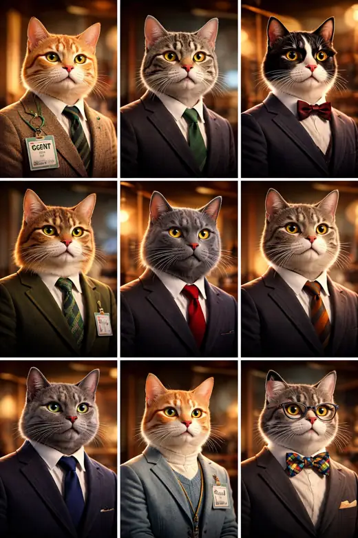A grid of AI agent cats in suits and ties, each wearing an AGENT badge