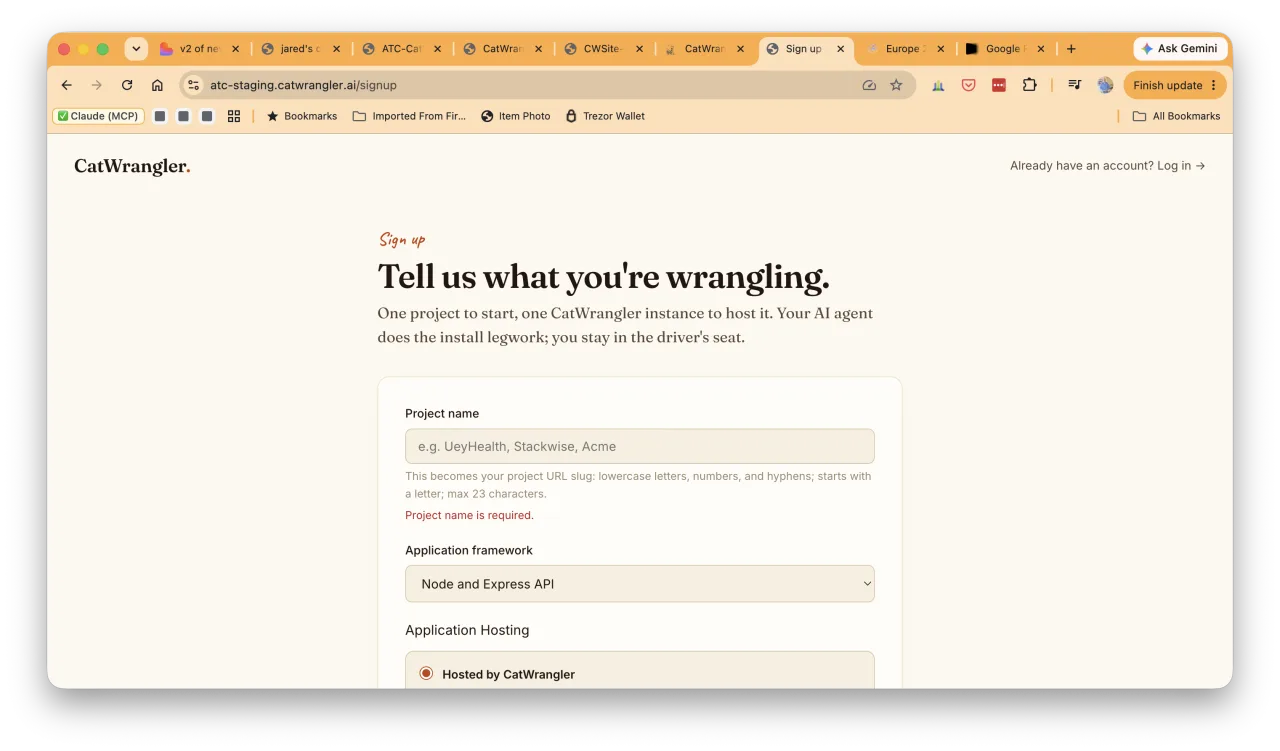 The CatWrangler sign-up screen: create an account and name your project.